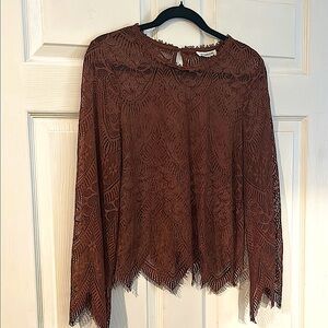 NWOT LACE Asymmetrical Brown Long Sleeve Blouse